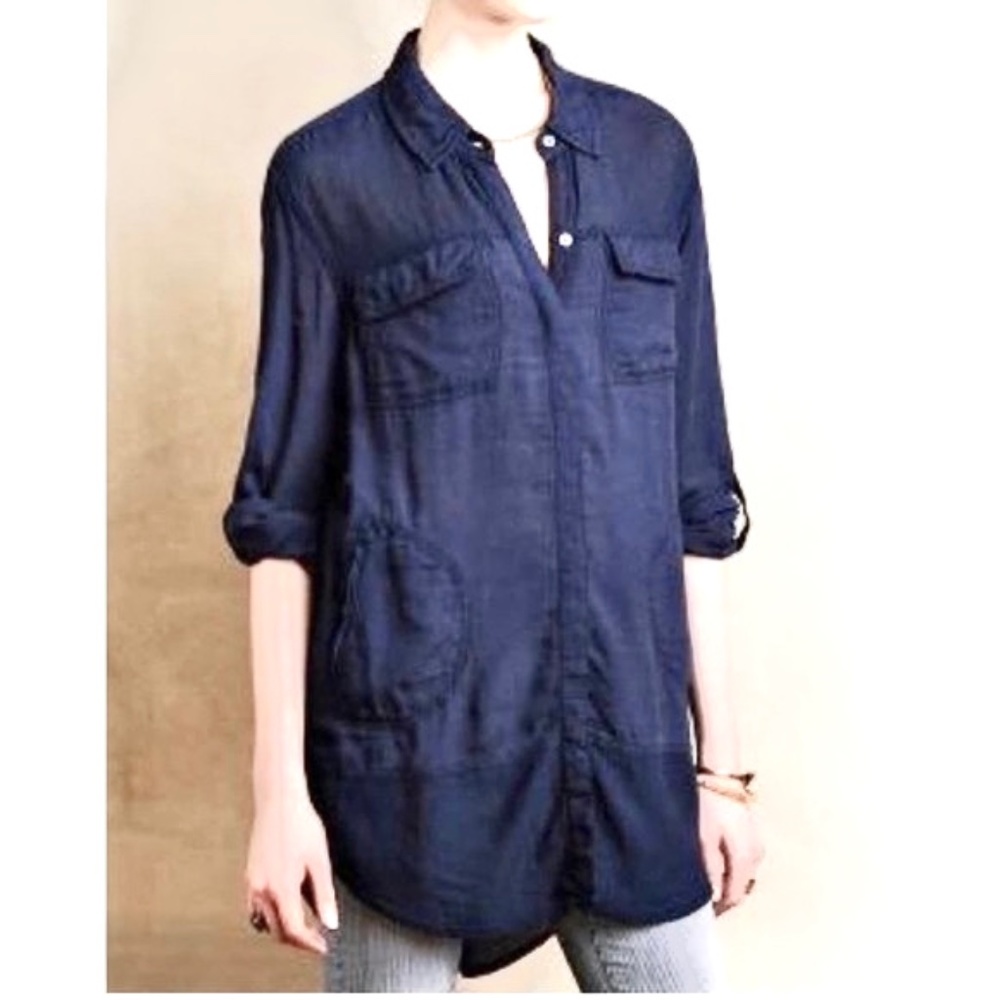 Anthropologie Holding Horses Blue Button Down Roll Up Long Sleeve Blouse